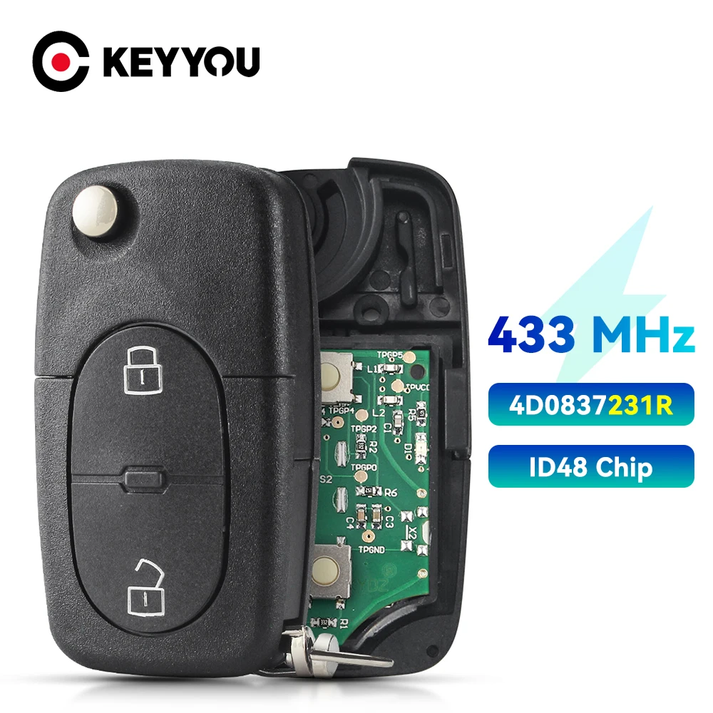 

KEYYOU For Audi A3 A4 A6 A8 B6 Remote Car Key 2 Buttons Flip Folding HU66 Blade 433Mhz ID48 Chip 4D0837231R Smart Key
