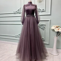 elegant a line muslim formal evening dresses long sleeves tulle high neck beaded lace women prom party gowns plus size 2022