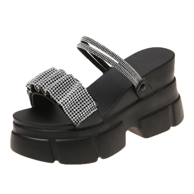 

Women Sandals Beach Shoes New Crystals Flip-Flops Wedge Heel Shoes Woman High Platform Bling Slippers Outside Sandals 9cm A9-64