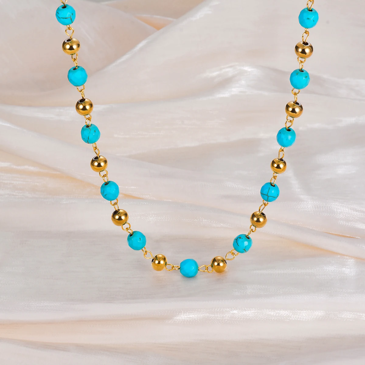 

Handmade Turquoise Beaded Necklace For Women Gold Color Stainless Steel Chain Beaded Pendant Choker Girl Jewelry Gift