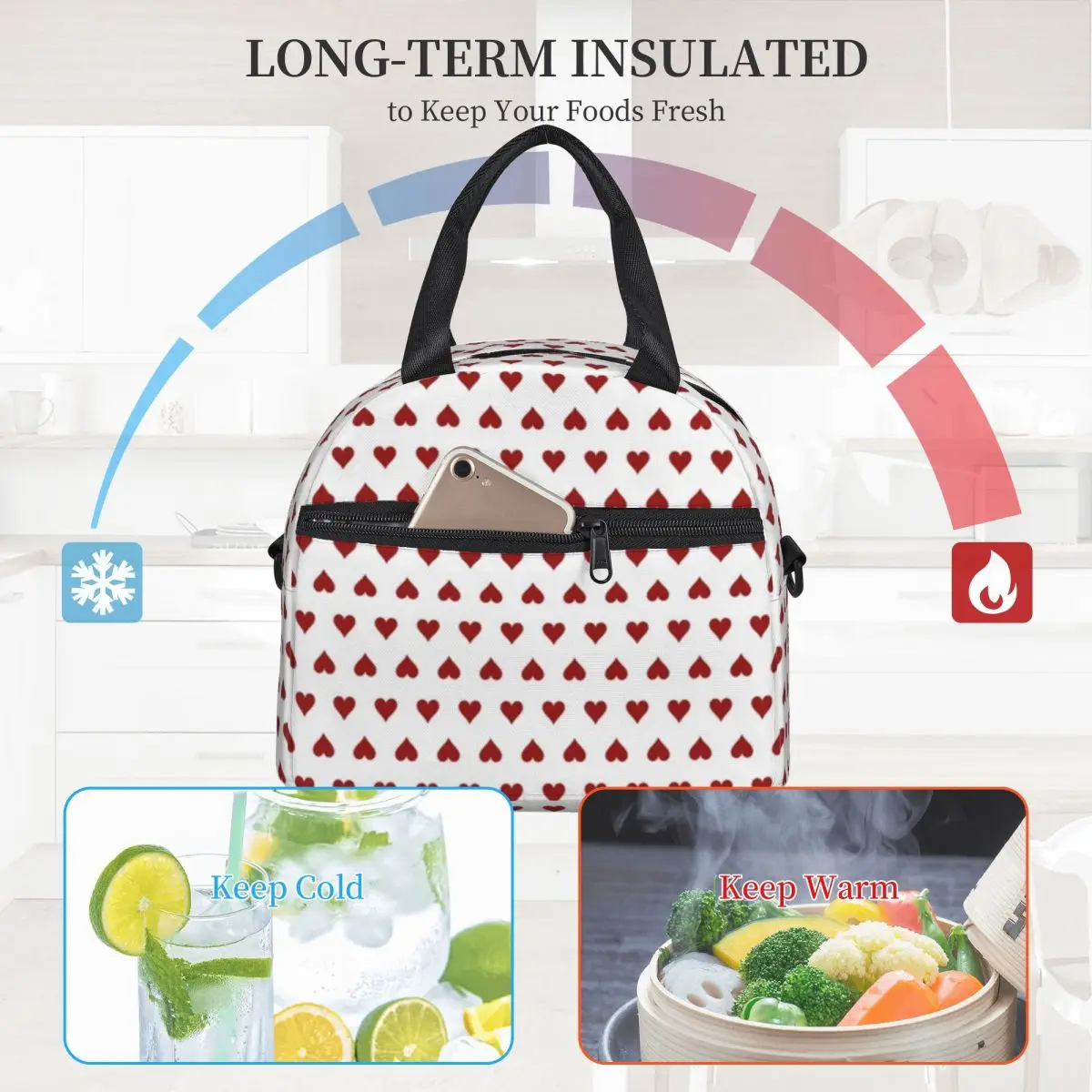 

Red Poker Hearts Lunch Bag with Handle Playing Cards Print Camping Cooler Bag Cooling Pearl Cotton Cool Thermal Bag