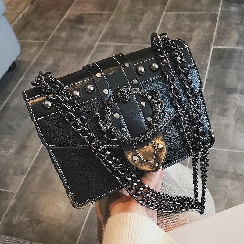 

Rivet Chain Shoulder Crossbody Bag For Women 2023 Fashion Trend Designer Small Square Purses And Handbags Quilted Pu Lock Bag