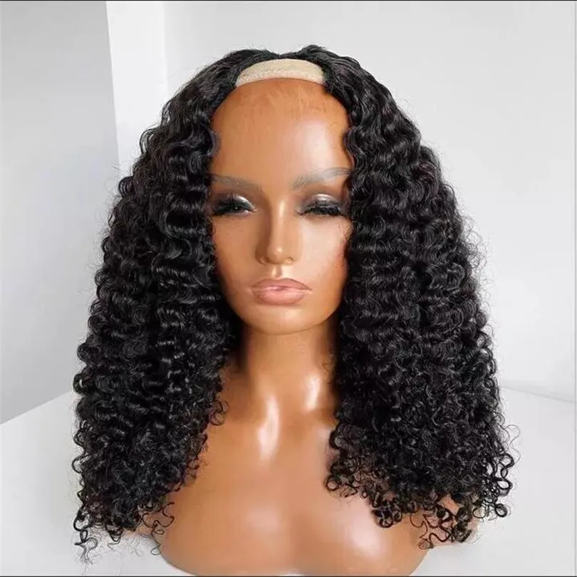 Soft Jet Black 24 inch Kinky Curly U Part Wig European Remy Human Hair Wig Jewish Glueless For Black Women Daily Wear