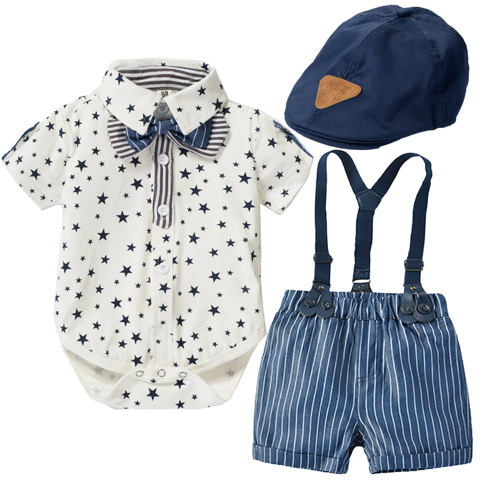 Blue Gentleman Clothes Baby Boy First Birthday Outfit  One-pieces Bodysuits with Tie Boys Shoes Cap for Wedding Photograph