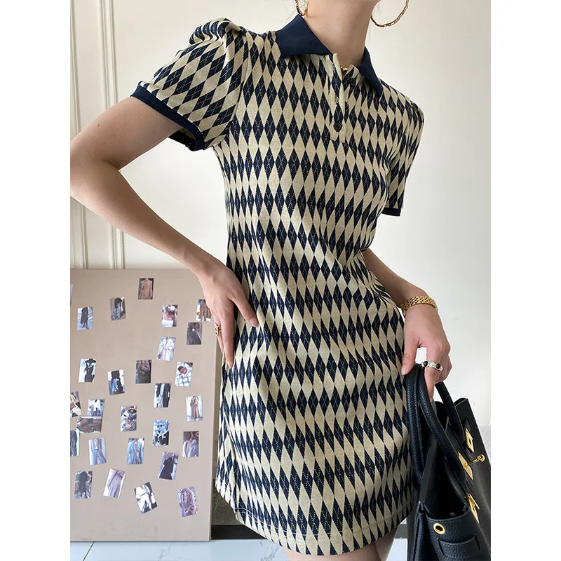 

Polo-neck Knitted Dress 2022 Diamond Vintage Casual Korean Short Sleeve A-line Dress Knee-length Women Summer Clothing Bestidos