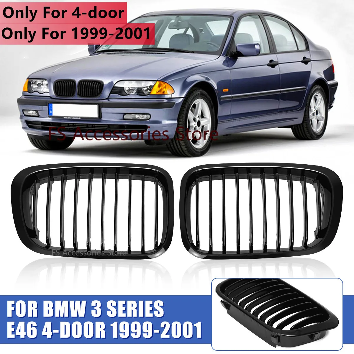 Пара глянцевых черных автомобильных передних решеток для почек BMW 3 серии E46