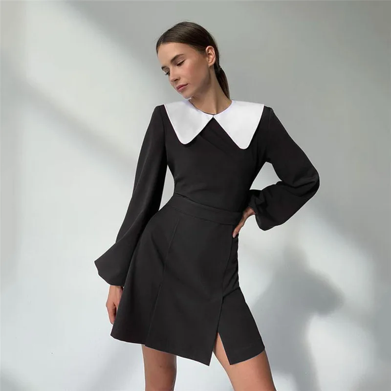 

2022 New Fashion Women Dress Vintage Peter Pan Collar Black Flare Sleeve Loose High Waist A-Line Mini Dresses Vestidos