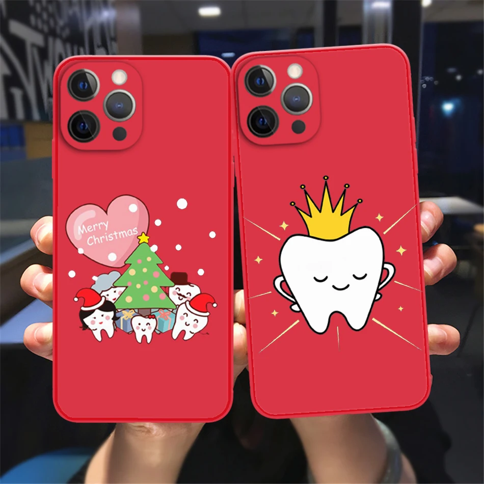 

Cute Catoon Tooth Dentist Phone Case For iPhone 13 12 11 14 Pro Max XSMax XR X 7 8 14 Plus 13Mini Red Soft Silicone Bumper case