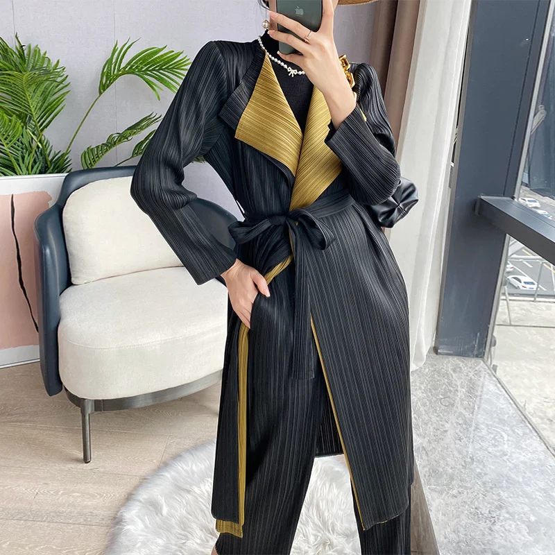 

England Style Fashion Design Trench Coat Women's Mid-length Belt Windbreaker Jacket Pleated Elasticity Turn-down Collar Overcoat