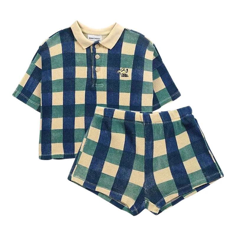 

Летняя одежда в клетку для маленьких мальчиков 2022, спортивный костюм, хлопковая модная детская одежда, футболка с коротким рукавом для дево...
