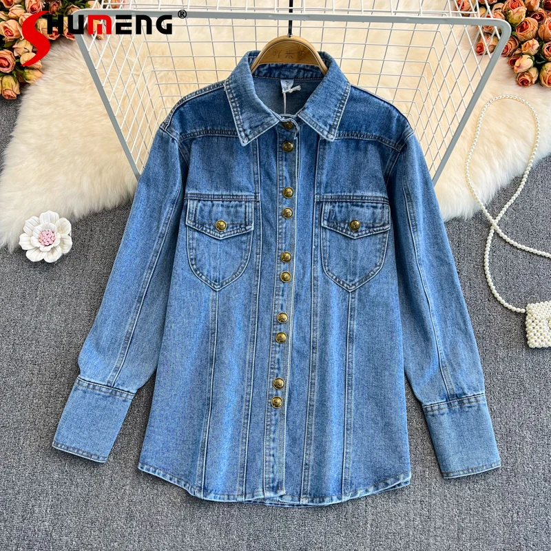 

Vintage Loose Tops Women's 2022 Spring and Autumn Loose Korean Style Fashionable All-Matching Long Sleeve Denim Shirt