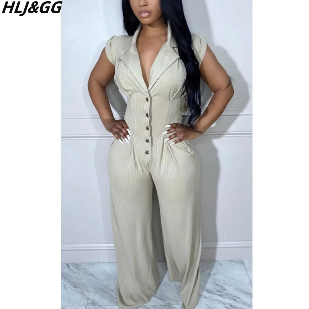 HLJ&GG Elegant Lady Office Clothing Women V Neck Sleeveless Loose Jumpsuits Casual Solid Color Wide Leg Pants One Piece Overalls