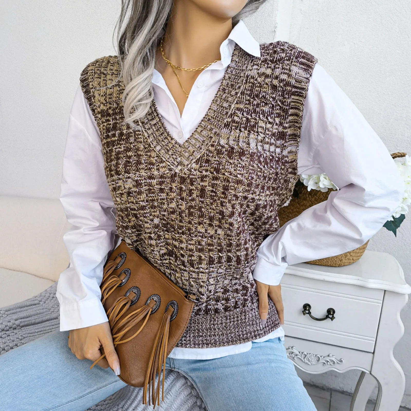 

Women Fashion Sweater Vest 2022 New V Neck Sleeveless Knitted Vest Preppy Style Sweater Oversized Pullover Women's Clothing