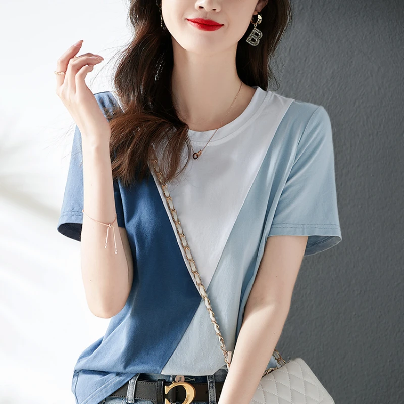 

Cotton Women's T-shirts Summer 2023 New Patchwork Loose Fit Tees Short Sleeves Top Korean O-neck Ladies Clothing YCMYUNYAN