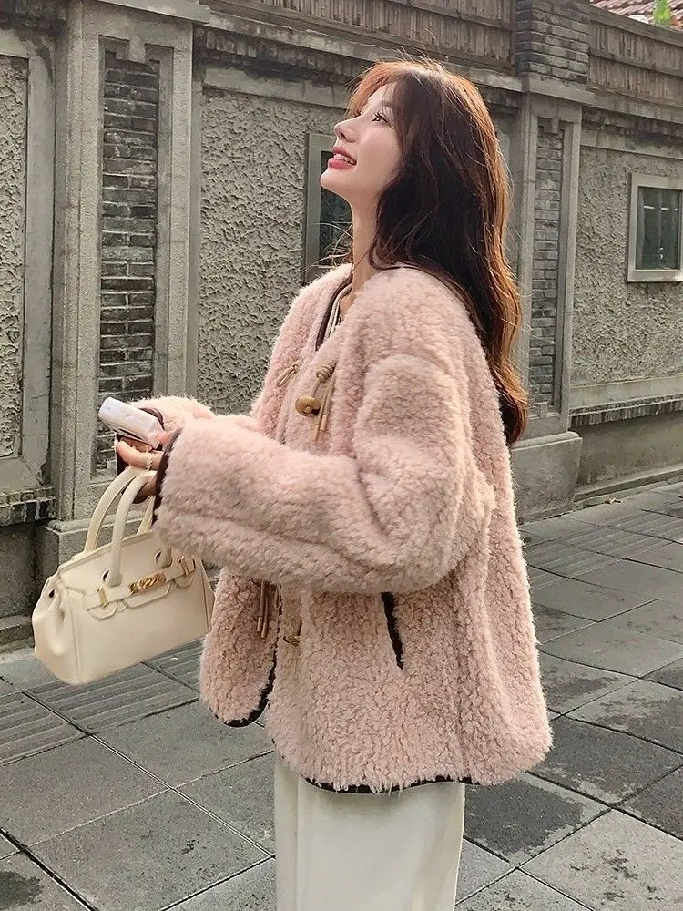 Korejpaa Розовое пальто с мехом ягненка Женская осенне-зимняя одежда Корейская мода