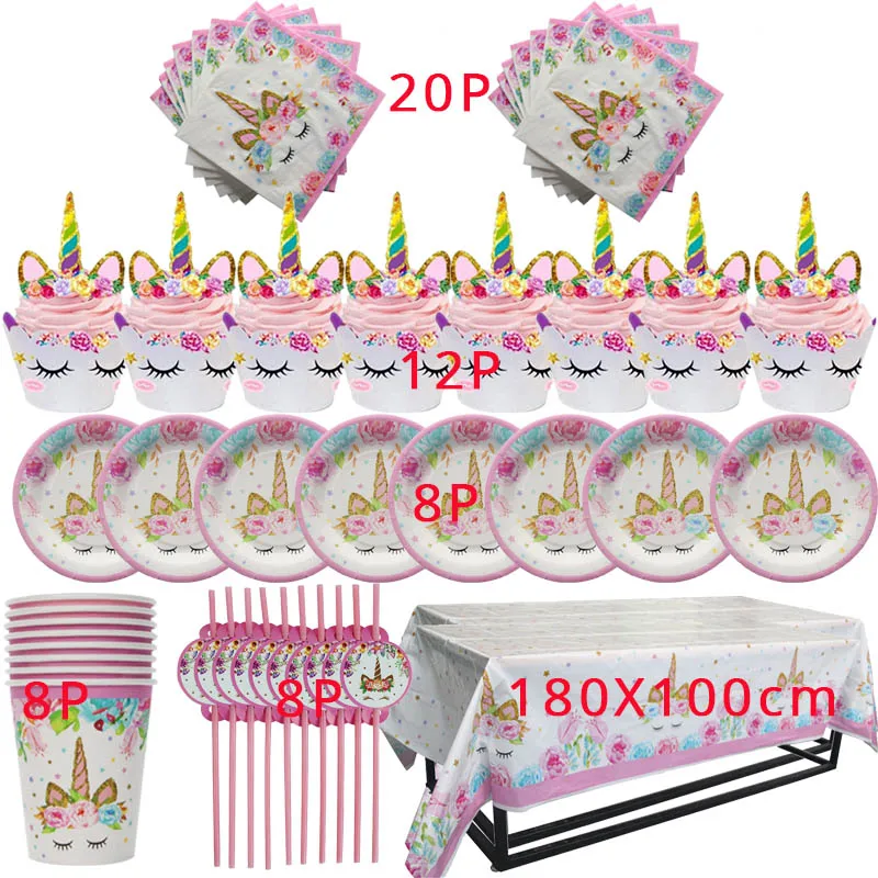 

57pcs Unicorn Party Disposable Tableware set Unicornio Paper Plate Cup Napkins Baby Shower Kids Girl Birthday Party Supplies