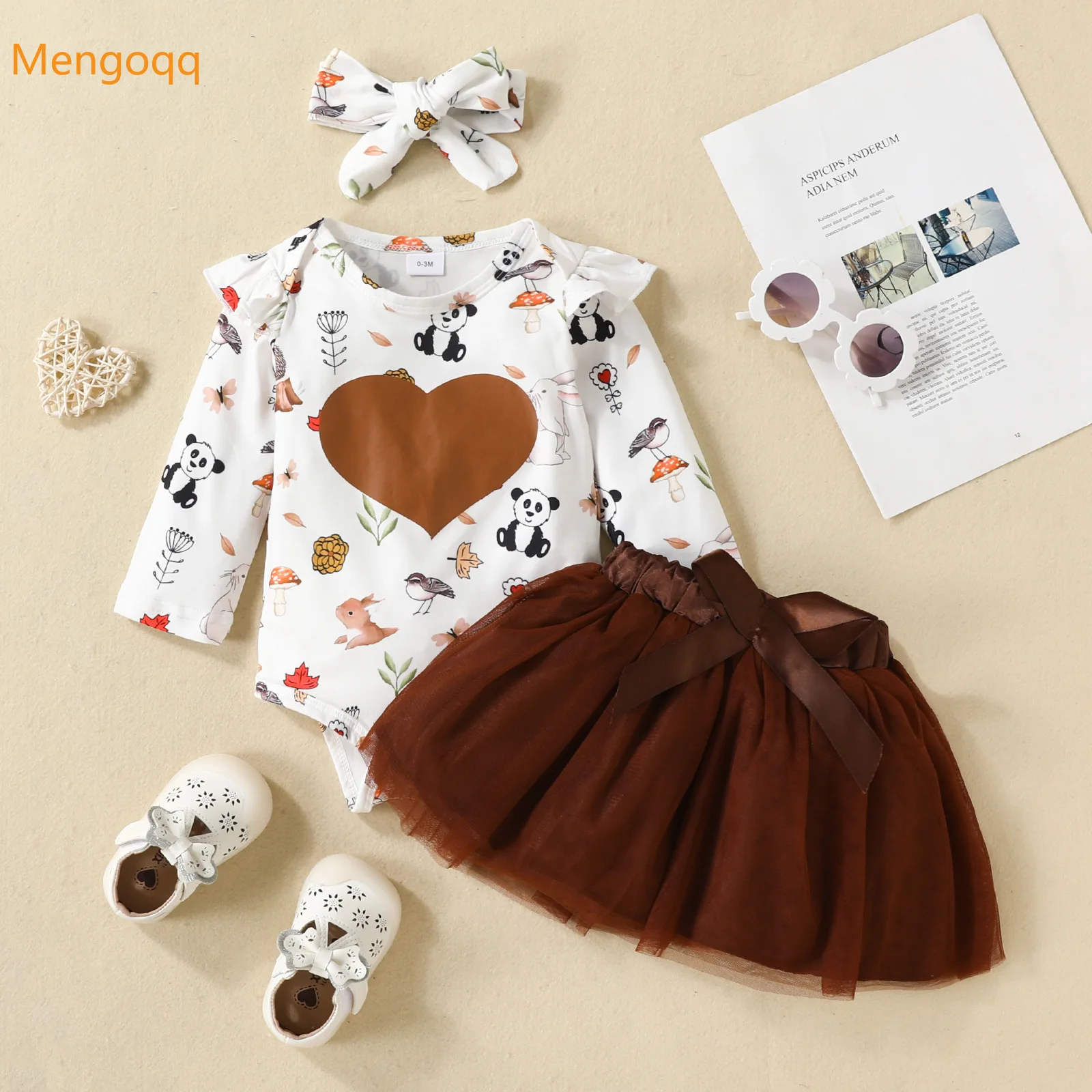 

Mengoqq Newborn Infant Girls Print Full Sleeve Top Bodysuits Bow Mesh Skirts Headbands Kids Baby Clothing Set 3pcs 0-18M