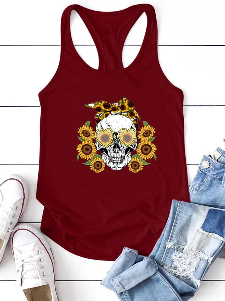 Забавные женские майки с принтом черепа подсолнуха летняя жилетка без рукавов в