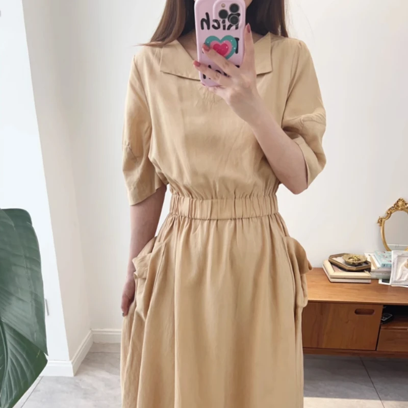 

Women Dress Summer New Embroidery Triangle Lapel Elastic Waist Slim Midi Dress