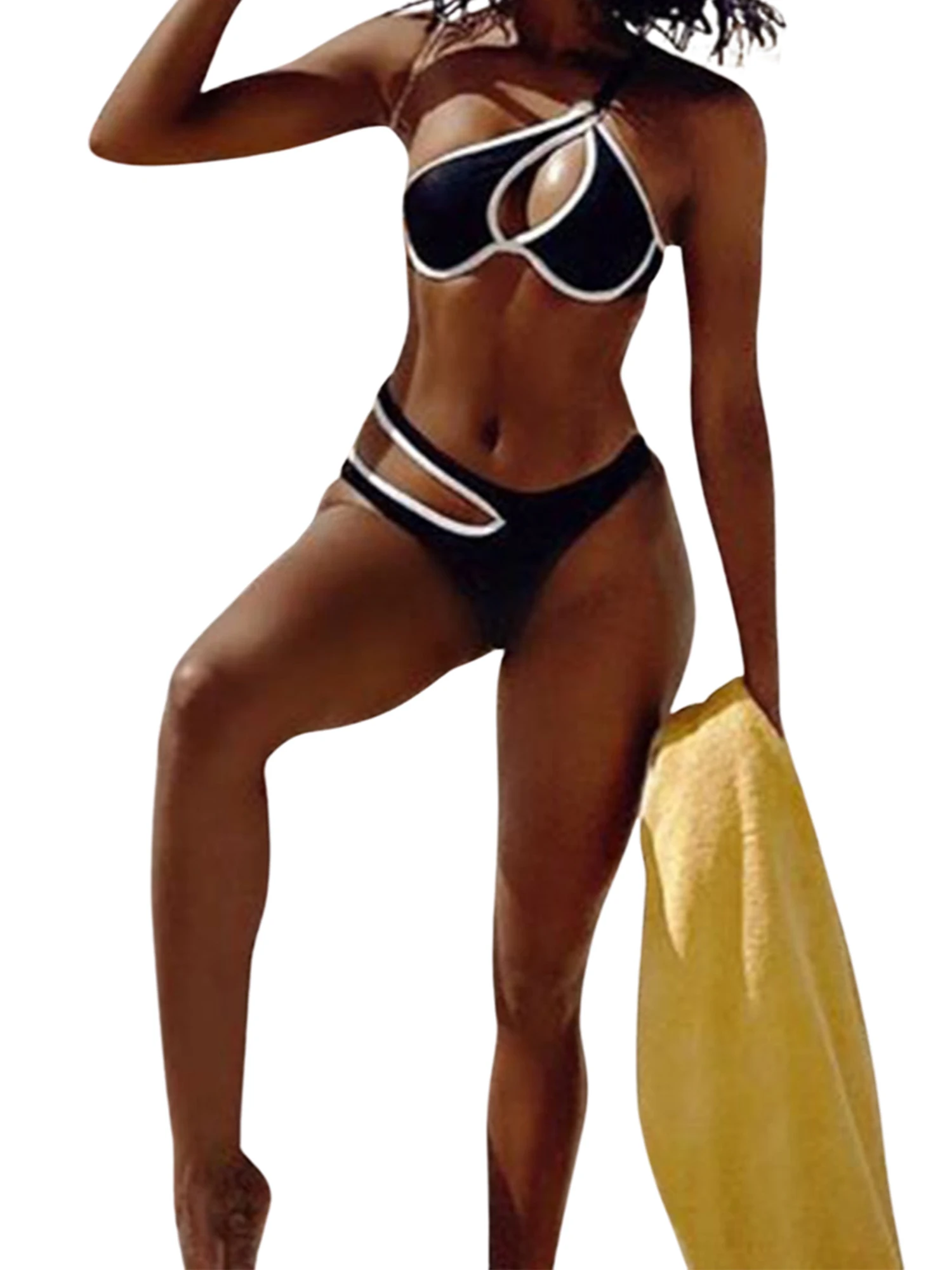 

Women's Bikini Suit Contrasting Color One-shoulder Hollow Chest Pad Bra High Stretch Shorts Swimsuit Set