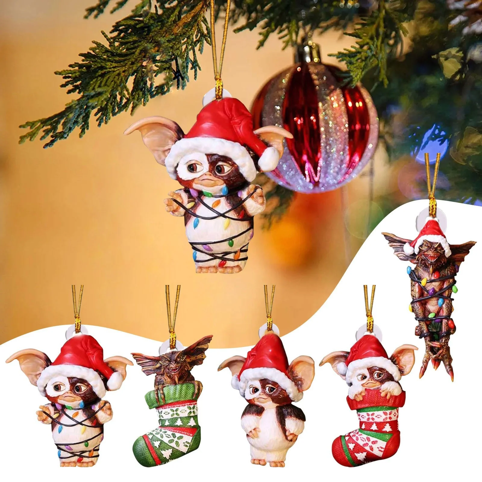 

5PCS Christmas Gremlins Gizmo Fairy Light Santa Hat Hanging Acrylic Xmas Figurine Ornament Decor Collectible Model Kids Toy Gift