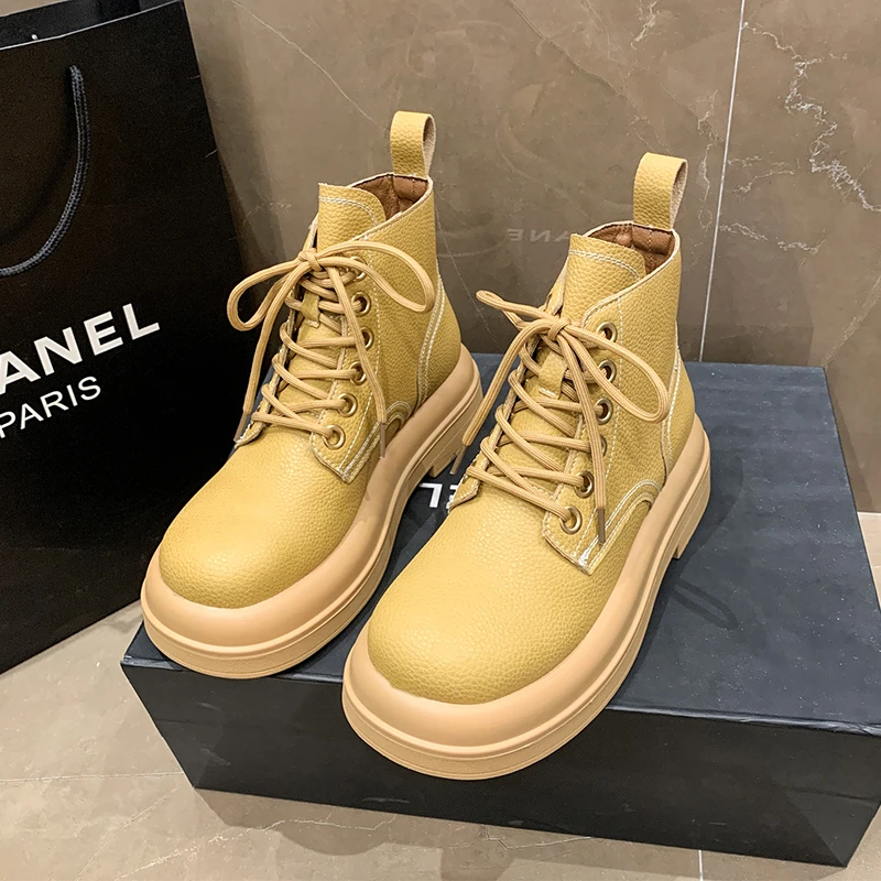 

Pmwrun Spring and Autumn Retro Short Tube Fashion All-match Female women Boots Lace-up Thick Bottom Non-slip Motorcycle Boots