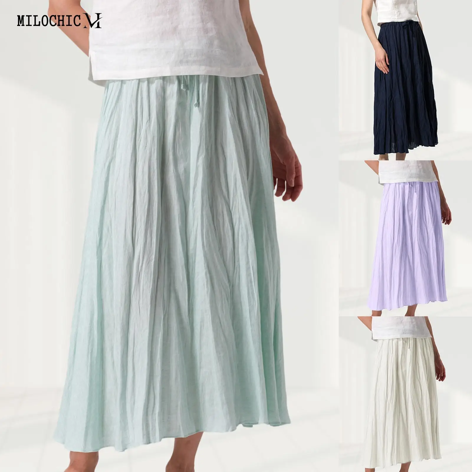 

Cotton Linen Simple Midi Skirt Casual Ladies Oversized Skirt Pleated Basic Skirt Elastic Waisted Solid Color Daily Outfit