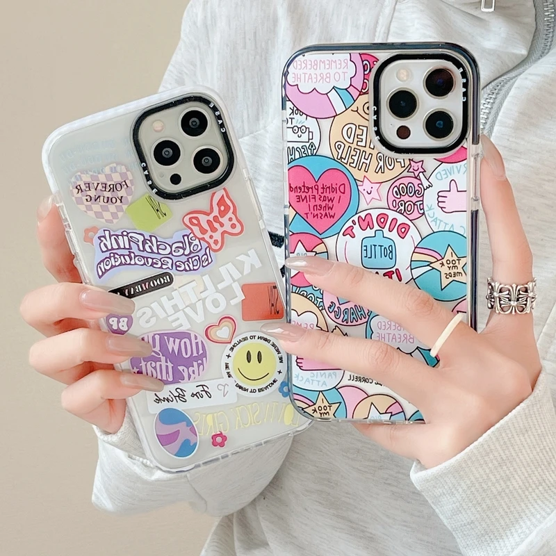 Ins Cute Cartoon Smile Label Korea Phone Case For iPhone 14 13 12 11 Pro Xs Max X Xr 7 8 Puls SE 2 Transparent Soft TPU Cover
