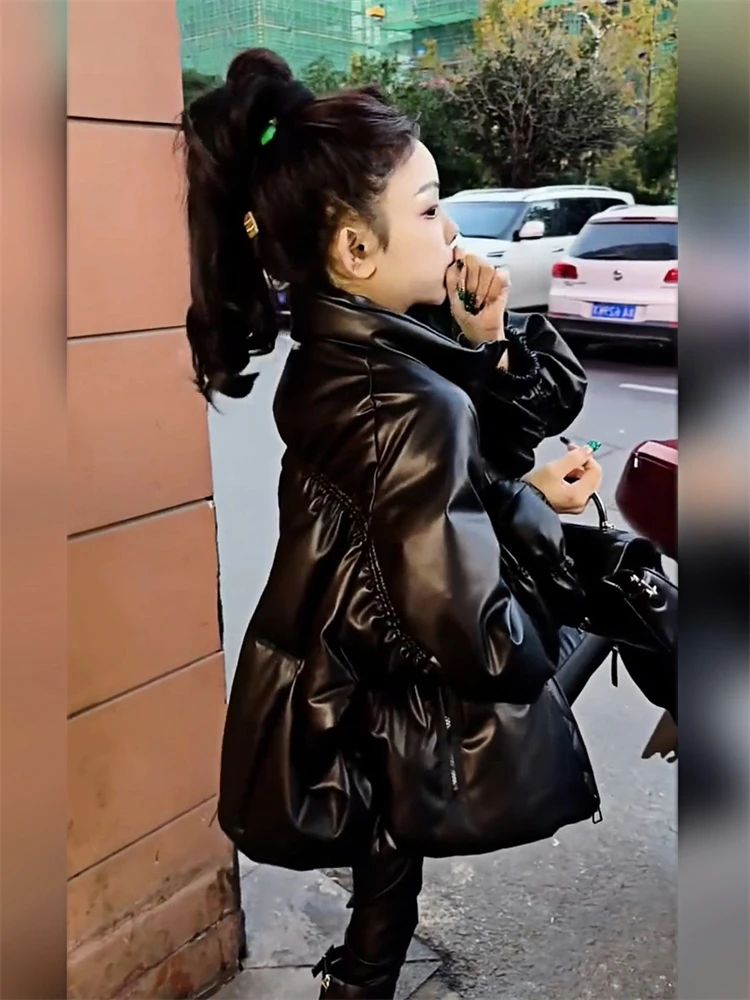 Высококачественное пальто из искусственной кожи кофейного цвета с хлопковой