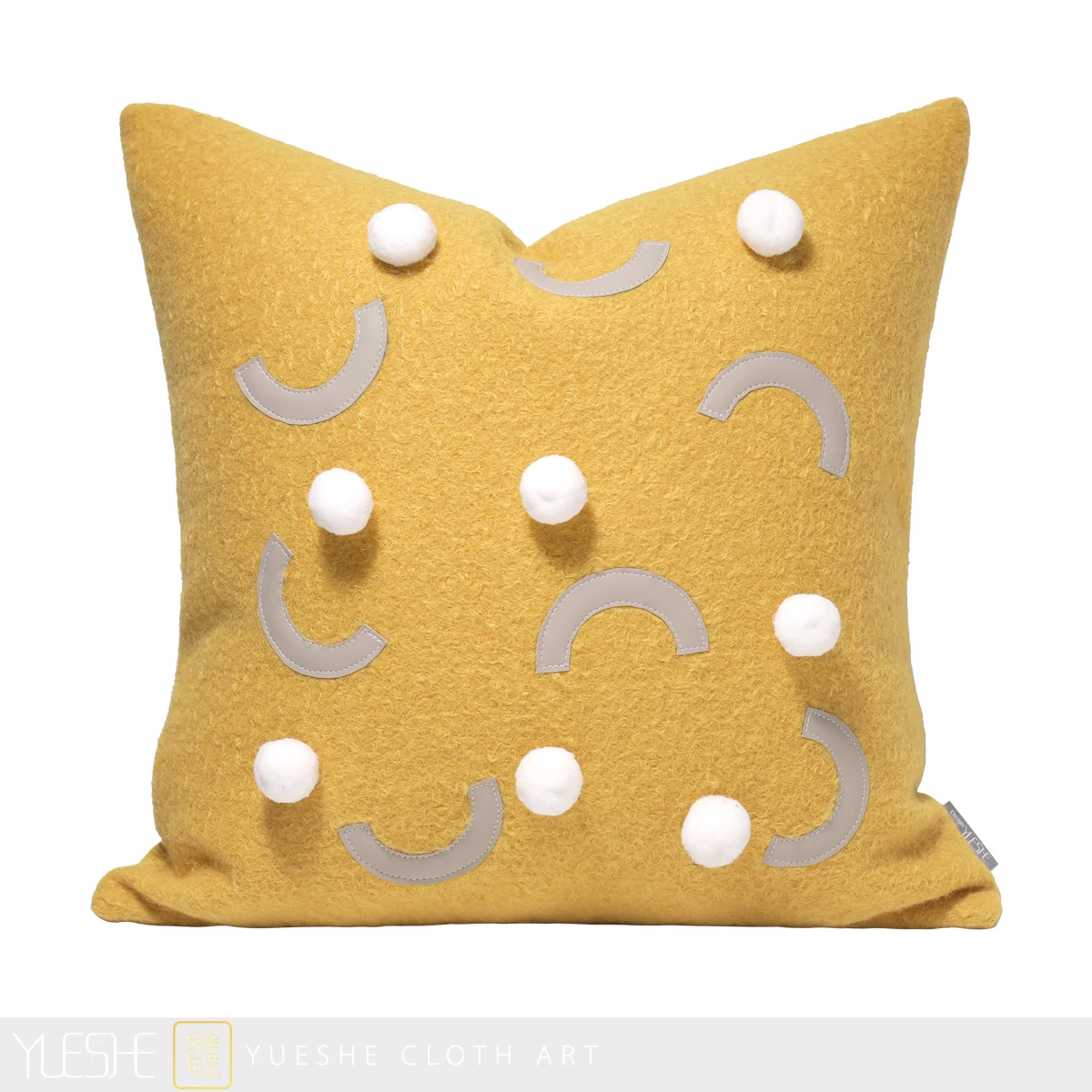 

Modern Cushion Cute and Simple Children's Room Yellow Fleece Patch Leather Embroidered Plush Ball Decorative Throw Pillow
