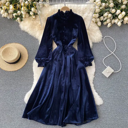 

N GIRLS2022 Vintage Velvet Light Luxury Women's Dresses High Waist Puff Sleeve Ropa Mujer Autumn 2022 New Large Hem Woman Dress