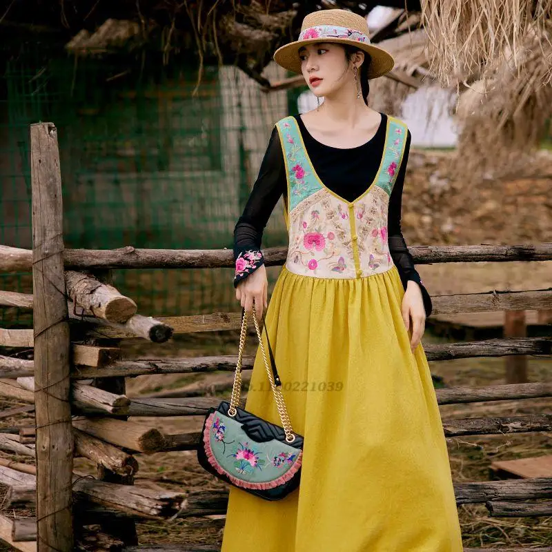 

2023 китайское винтажное платье ханьфу, улучшенное платье-Ципао с цветочной вышивкой, женские платья, ретро Ципао, элегантное платье для народного танца