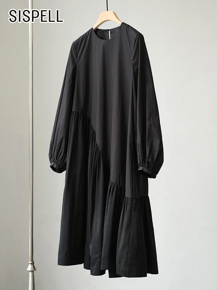 

SISPELL Black Loose Dress For Women Round Neck Lantern Sleeve Solid Minimalist Midi Dresses Female Fashion Clothes Style 2022
