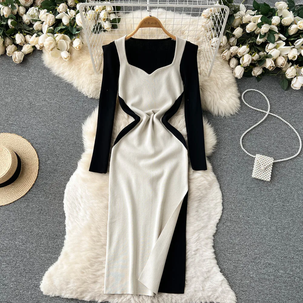 

Women Chic Elegant One-piece Long Sleeve High Split Bodycon Dress Sexy French Fashion Knitted Vestidos Elastic Slim Pencil Dress
