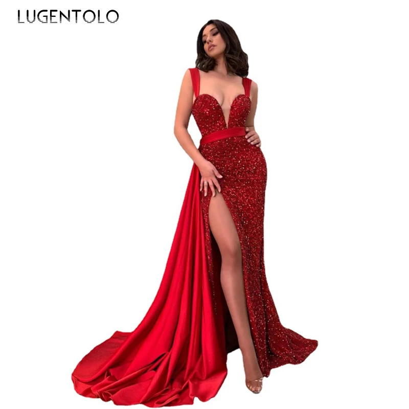 

Женское вечернее платье, соблазнительные красные платья без рукавов с разрезом и вилкой, женские элегантные блестящие вечерние темпераментные платья макси, Lugentolo