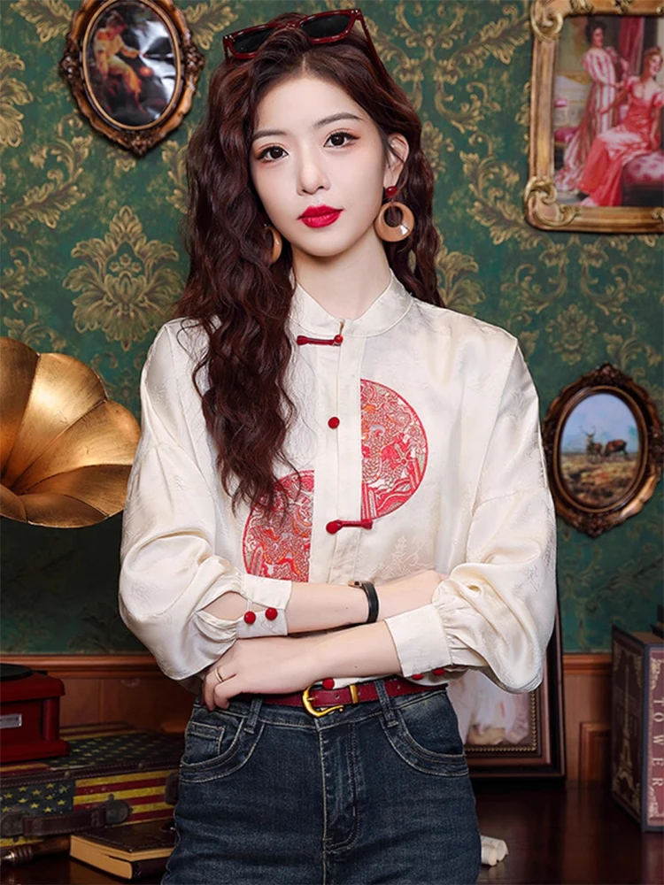  Китайские атласные рубашки с воротником-стойкой из имитации шелковой ткани