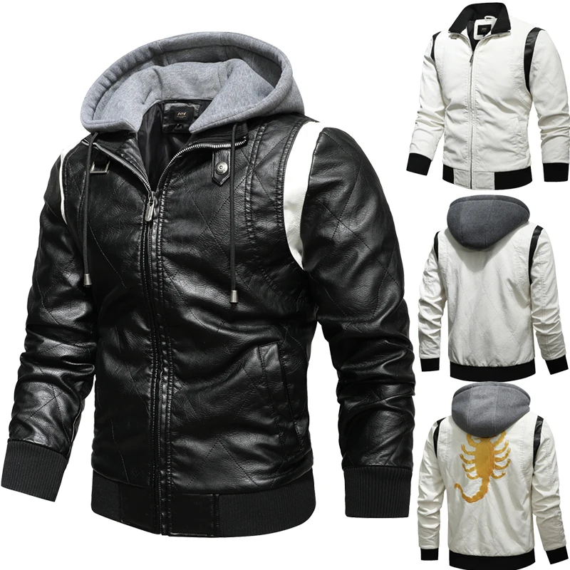 Autumn Winter Slim Fit Leather Coat Men White Bomber Jacket Removable Hoodied Scorpion Embroidery Leather Motorcycle Jacket Men