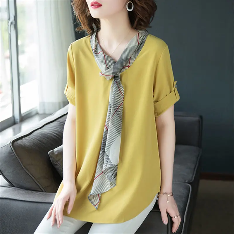 

Fashion Scarf Collar Spliced Button Shirring Oversized Tie Shirt Summer New Casual Tops Loose Commute Women's Clothing Blouse