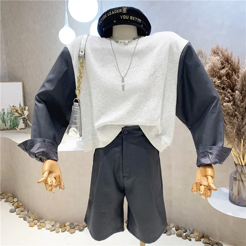 

Niche Design New Women's Clothing 2022 Spring Contrast Pullover Long Sleeve Sweater + High Waist Shorts Pants two-piece Set