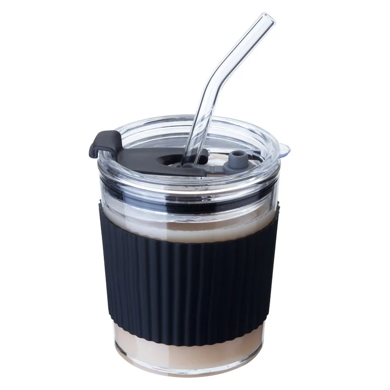 

350ML 450ML Glass straw milk coffee cup with lid cold brew milk tea water cup Silicone Water Cup With Lid