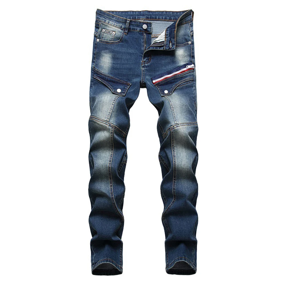 

Men's Multi Pockets Patchwork Cargo Jeans Trendy Plus Size Zipper Stretch Denim Slim Straight Pants Trousers
