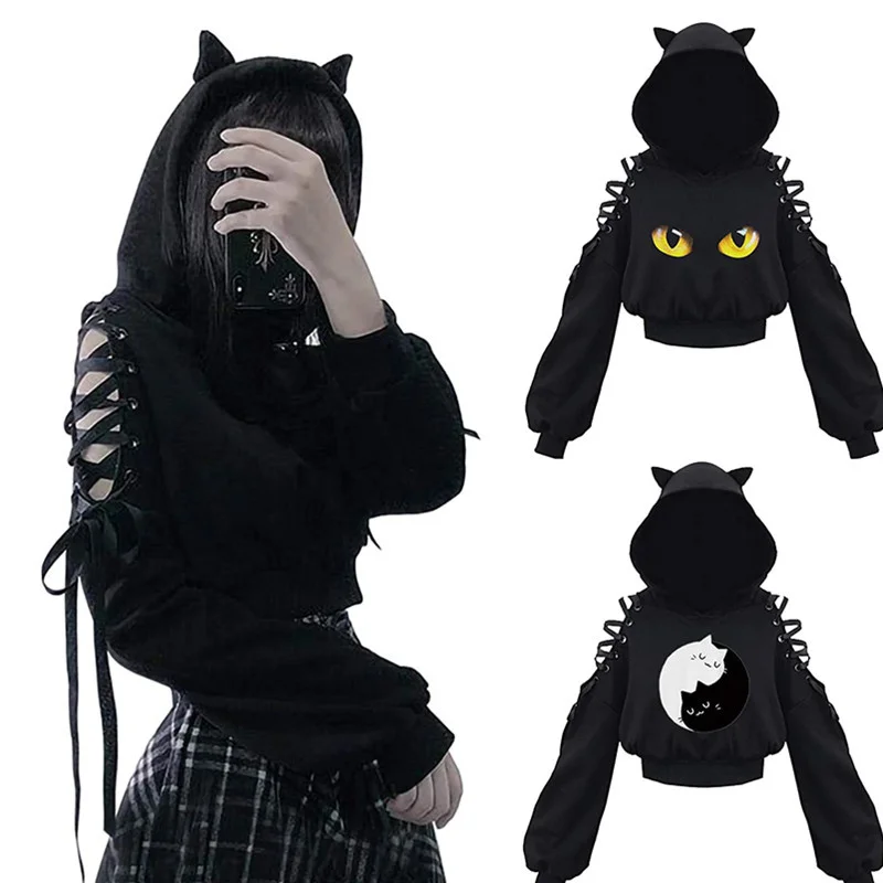 

Women Long Sleeve Hoodies Kawaii Cat Ears Hoodie Gothic Punk Harajuku Cold Shouler Bandage Gothic Black Sweatshirts 2023