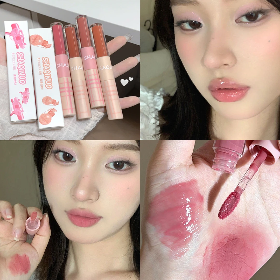

Double Head Mirror Water Lip Gloss 4 Colors Lasting Lip Mud Lip Glaze Waterproof Nude Pink Liquid Lipstick Tint Makeup Cosmetics