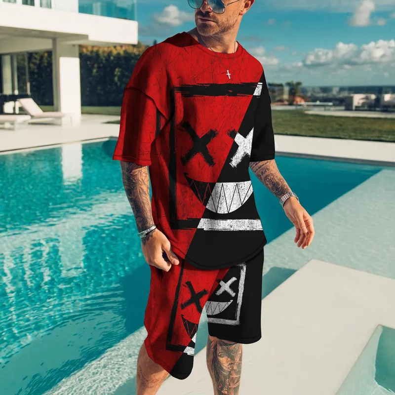 

Essentials Men's Summer T-shirts Sets Tees Shorts X.X Smile 3D Prited O-neck Oversize 2-Piece Tracksuit Hip-Hop Sportswear