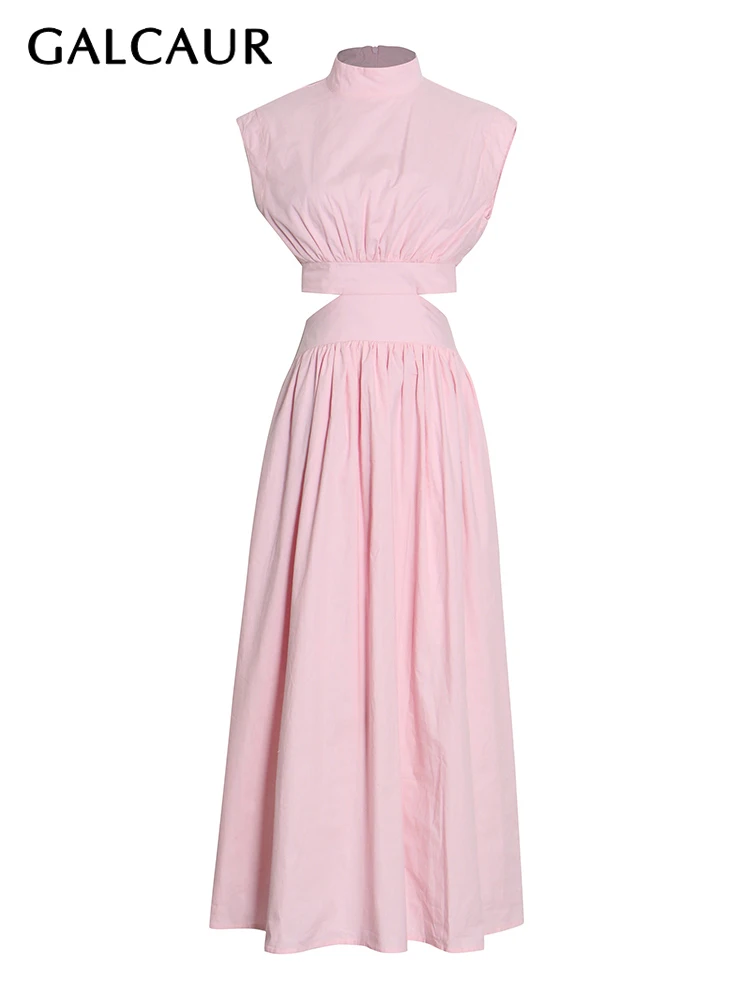 

GALCAUR Solid Color Dress For Women O Neck Sleeveless Sexy Hollow Out High Waist A Line Pleated Dresses Female 2022 Spring New