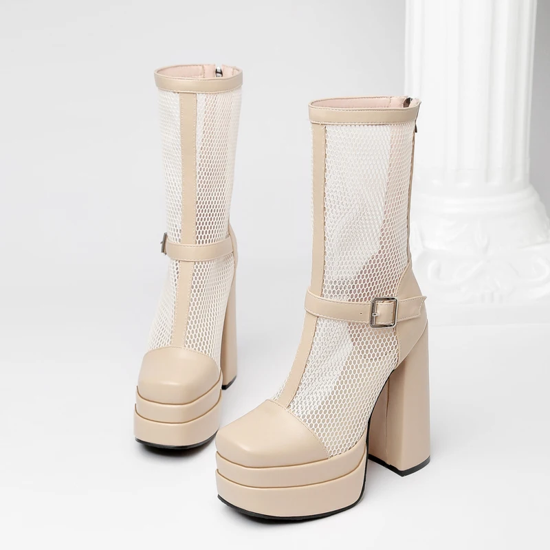 

Ботинки из сетчатой ткани, Полуботинки на платформе, с ремешком на щиколотке, с пряжкой, на очень высоком толстом каблуке, дышащие, на молнии ...