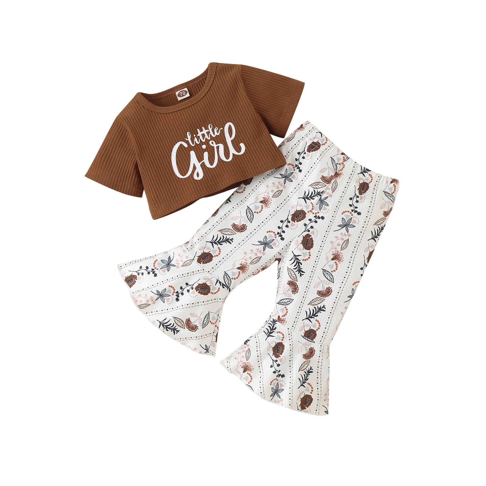 

2-Piece Baby Girl Outfits, Letter Print Short Sleeve T-Shirt + Floral Print Bell Bottoms Set for Toddlers, 3-24 Months