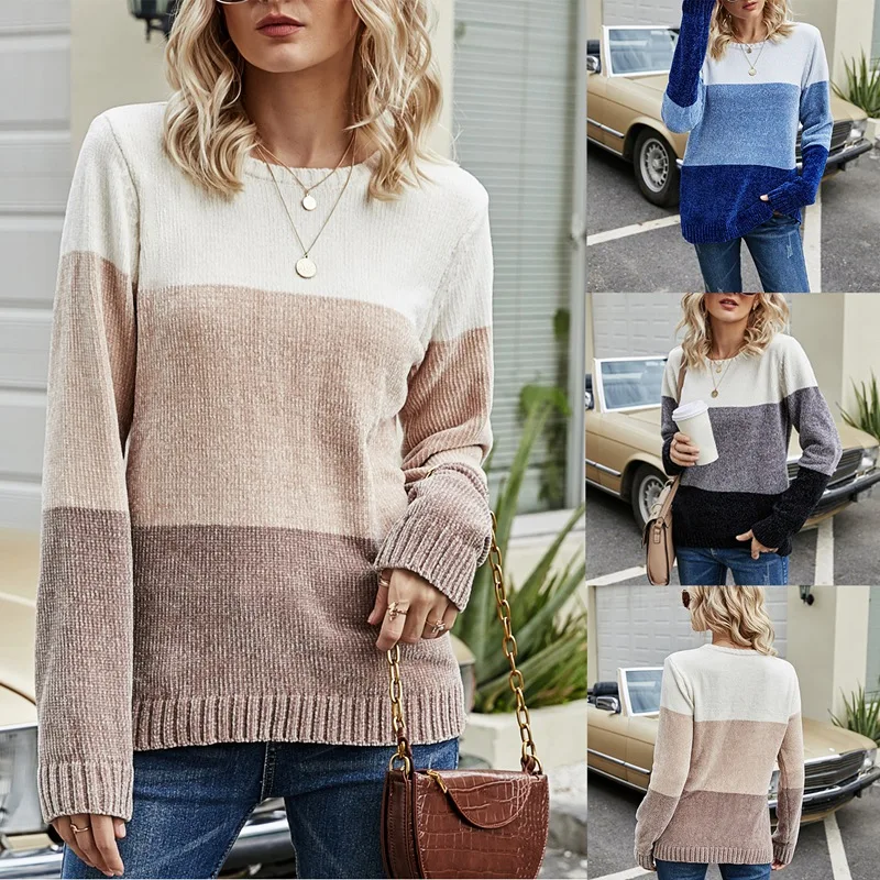 

Женский свободный вязаный свитер в полоску, с длинным рукавом и круглым вырезом