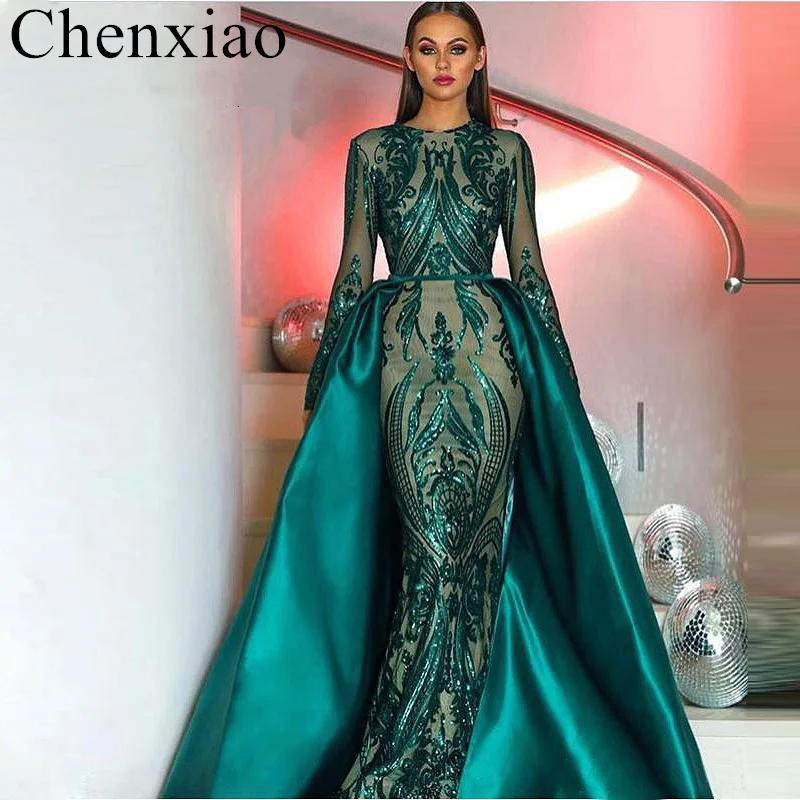

Chenxiao Green Long Sleeve Evening Dresses Elegant Muslim Detachable Train Sequin Bling Moroccan Kaftan Formal Party Gown