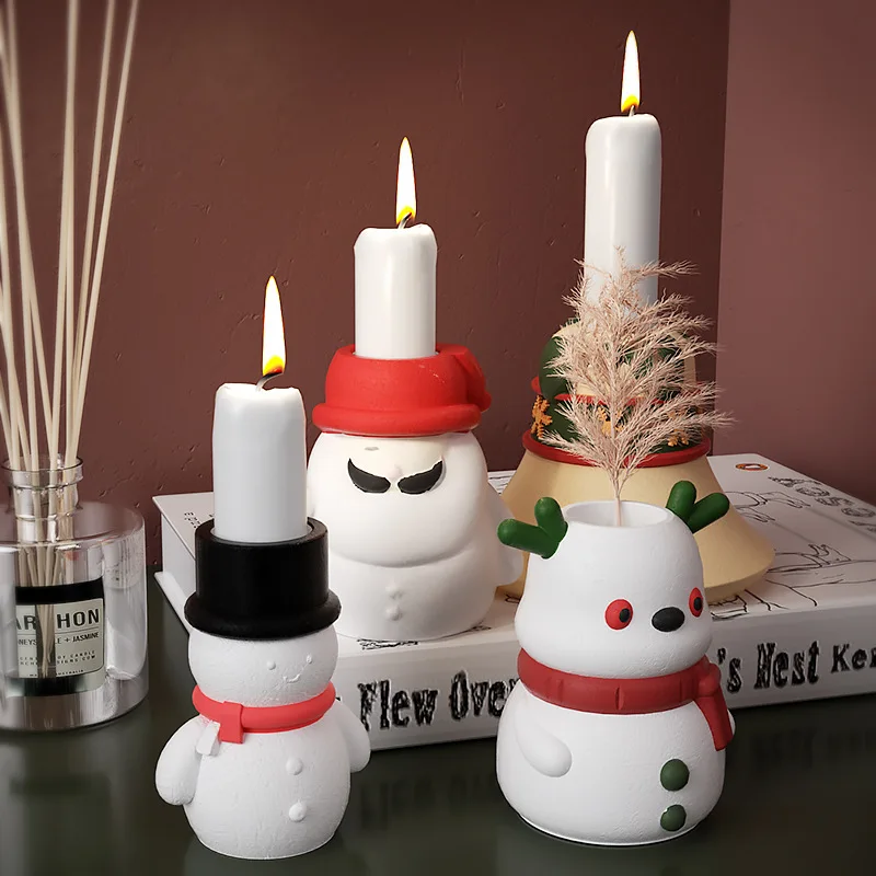 

Christmas Candlestick Silicone Mold Elk Snowman Tealight Candle Holder Silicone Mold For Cement Concrete Gypsum Plaster Craft